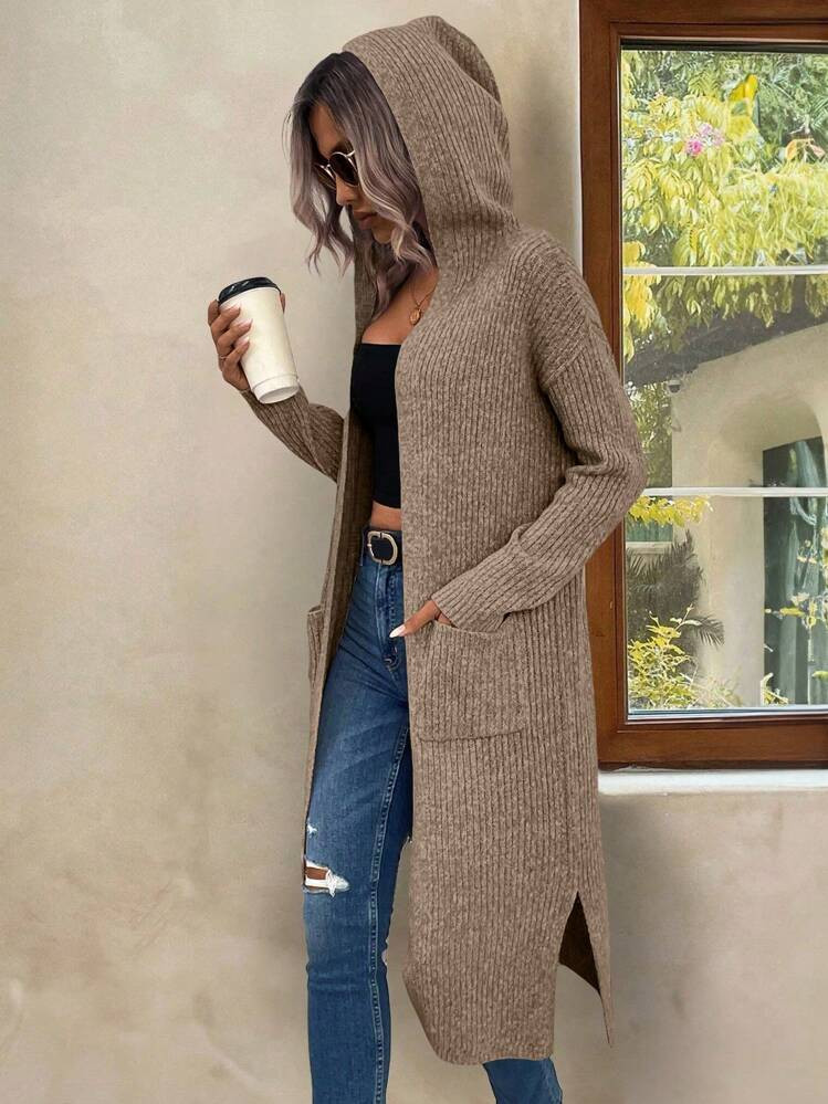 SHEIN LUNE Dual Pocket Split Hem Hooded Duster Cardigan,Long Sleeve Tops Fall Winter Cloth For Women | SHEIN