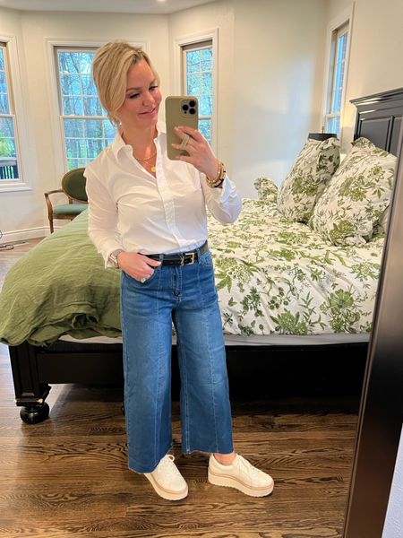 Amazing wide leg cropped jeans. Perfect for all my short friends. Wearing a size small in color Classic Blue. 
Paired with a classic button down shirt in size small and platform sneakers. Size down 1/2 size in sneakers. 
I’m 5’1”. 
#springfashion #fashioninspo #petitefashion #springstyle #fashionover40 #fashioninspo #chicstyle

#LTKstyletip #LTKover40 #LTKshoecrush