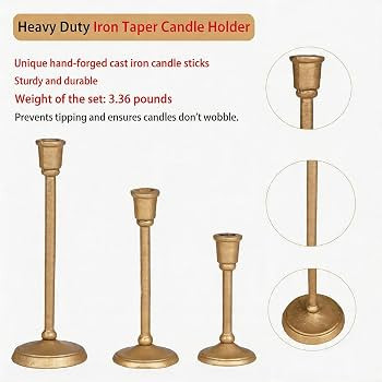 Gold Taper Candle Holders Set of 3, Heavy Cast Iron Candlesticks with Antique Brass Finish, Sturd... | Amazon (US)