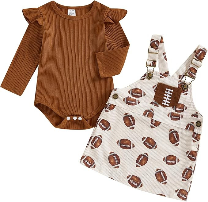 Karuedoo Toddler Baby Girl Football Outfit Frill Long Sleeve Ribbed Knit Romper Rugby Overall Dre... | Amazon (US)