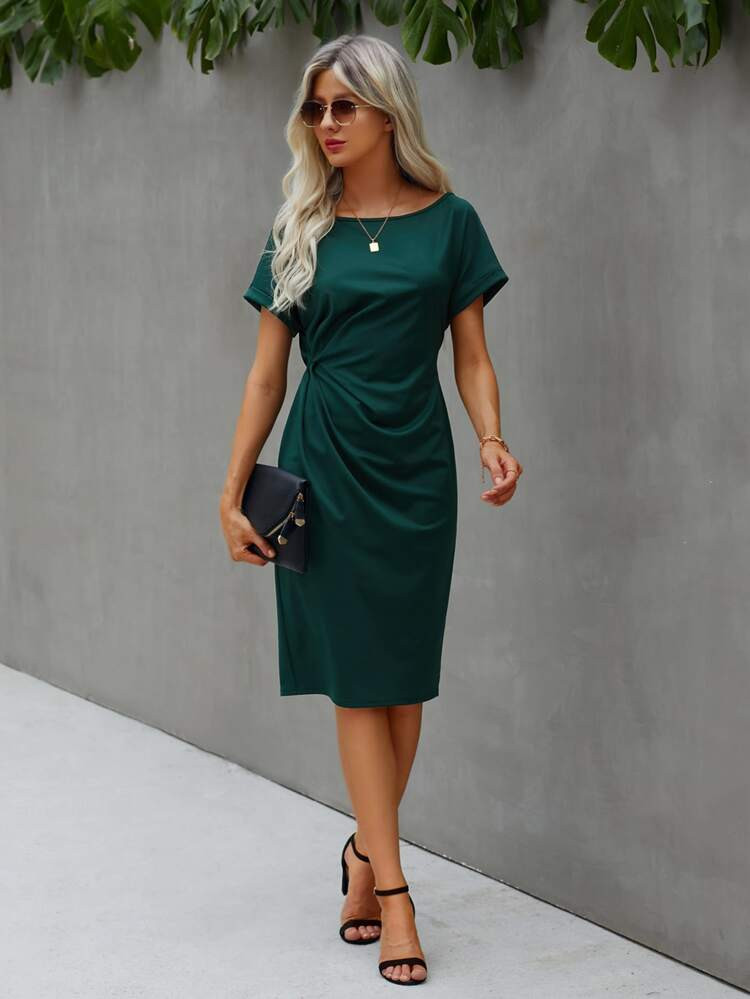 Boat Neck Twist Side Fitted Dress | SHEIN