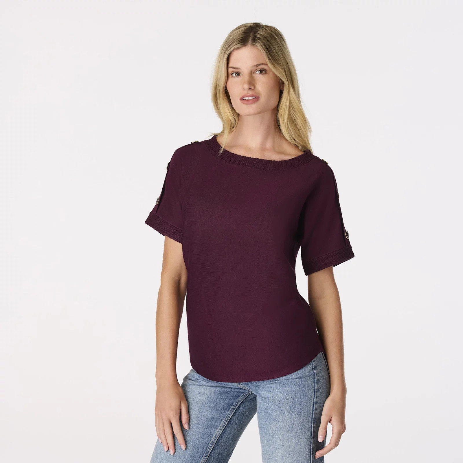 Women's Cable & Gauge Button Shoulder Short Sleeve Sweater, Size: Small, Cabernet Red | Kohl's