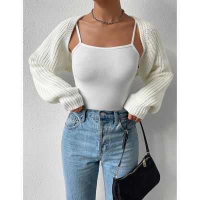Women's Open Front Cardigan Drop Shoulder Long Sleeve Knit Summer Crop Shrug Sweater White M | Target