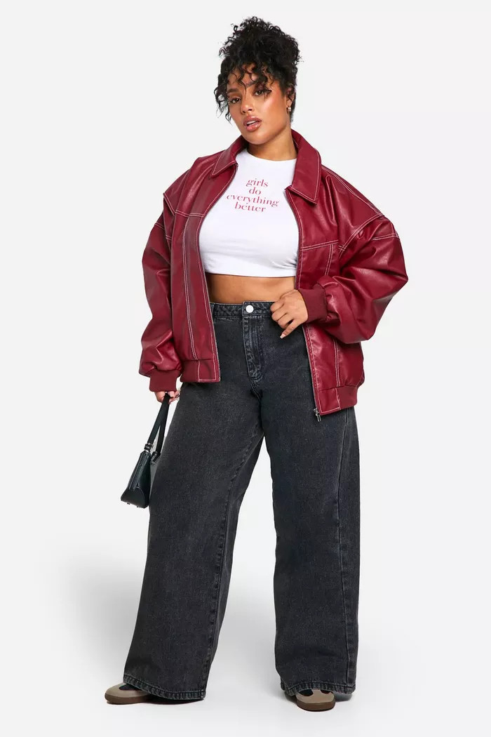 Plus Pu Contrast Stitch Oversized Bomber Jacket | boohoo (US & Canada)