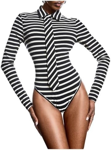 Milumia Women's Striped Long Sleeve Bodysuit Top Tie Collared Neck Leotard Tee Shirts | Amazon (US)