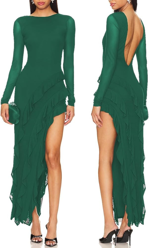 Capuffy Womens Long Sleeves Backless Maxi Dress Mesh Tassel Ruffle Side Split Bodycon Dress Siobh... | Amazon (US)