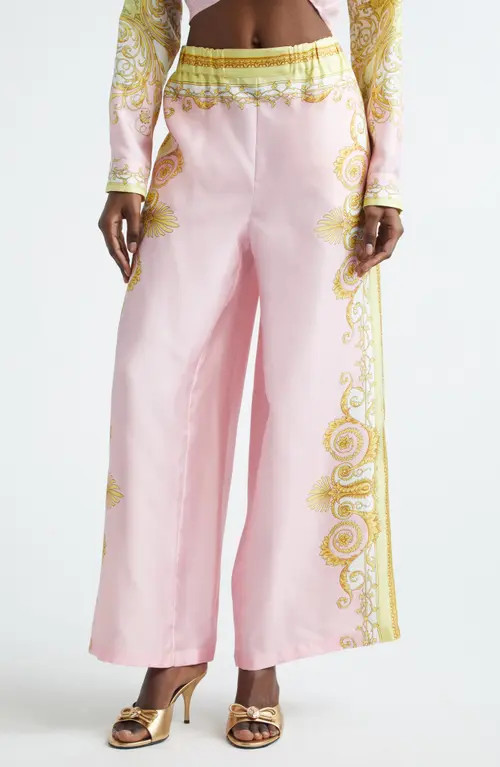 Versace Barocco Print Wide Leg Silk Twill Pants in Pale Yellow Rose Quartz at Nordstrom, Size 10 Us | Nordstrom