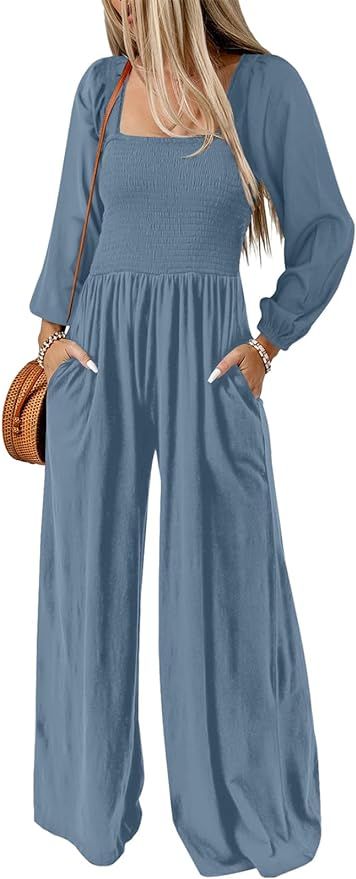 Happy Sailed Womens Jumpsuit Casual Dressy Square Neck Smocked Long Sleeve Wide Leg Pants Rompers... | Amazon (US)