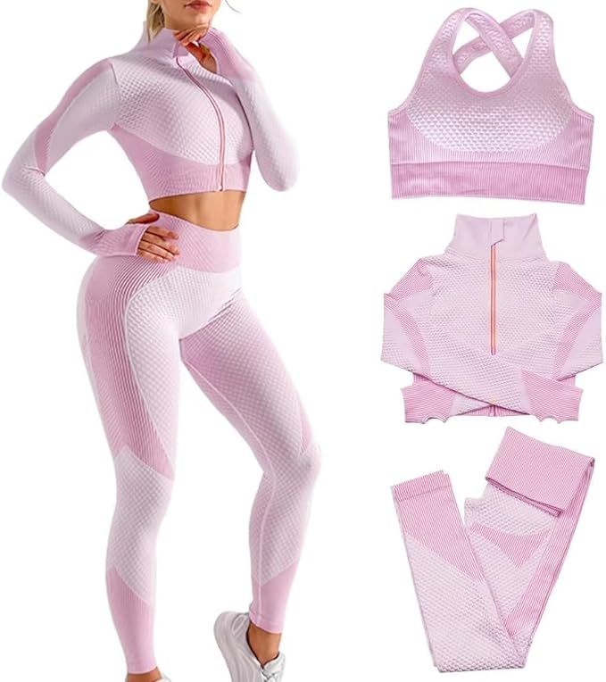 SINBRLAI Women's 3pcs Seamless Workout Outfits Sets, Yoga Sportswear Tracksuit Leggings and Stret... | Amazon (US)
