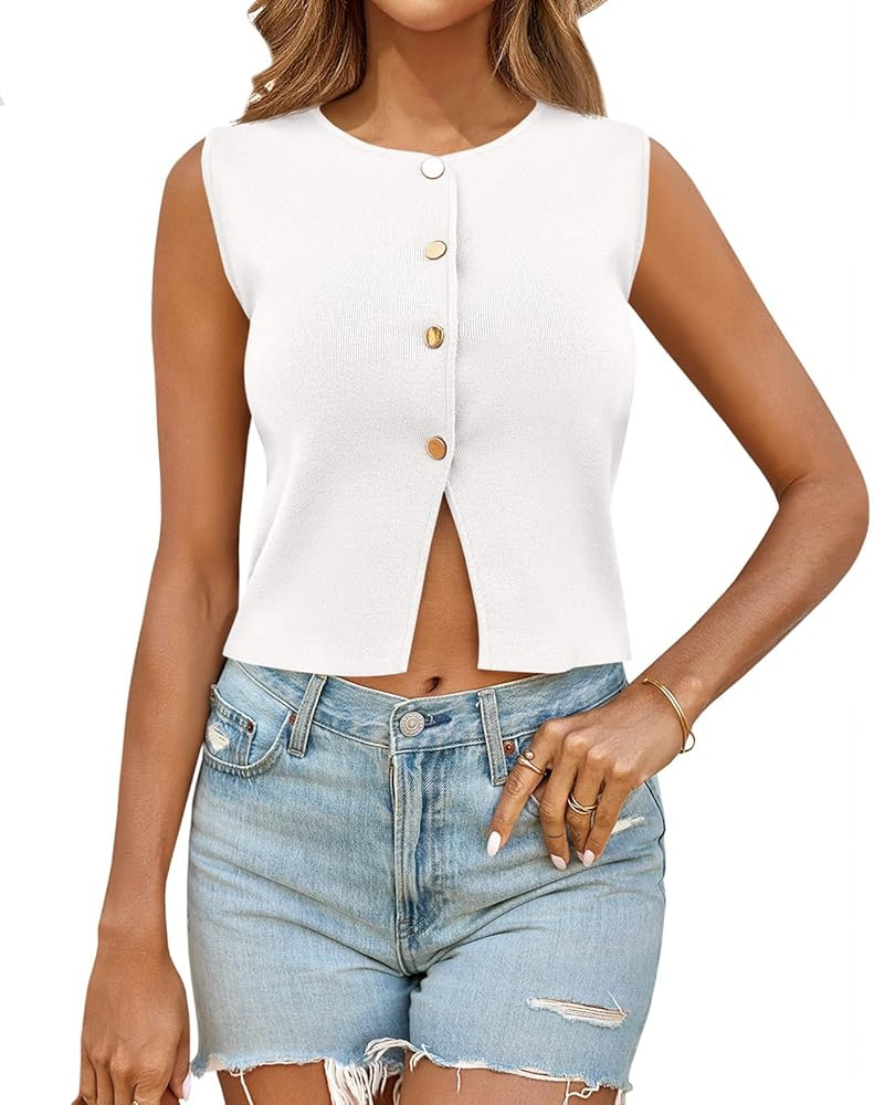 Saodimallsu Womens Sleeveless Cropped Sweater Vest Summer Trendy Knit Crop Tank Tops Crewneck But... | Amazon (US)