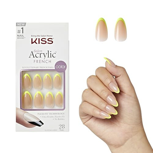 KISS Salon Acrylic, Press On Nails, Nail glue included, 'Hype', Light Neon Yellow, Medium Size, Almond Shape, Includes 28 Nails, 2G Glue, 1 Manicure Stick, 1 Mini File | Amazon (US)