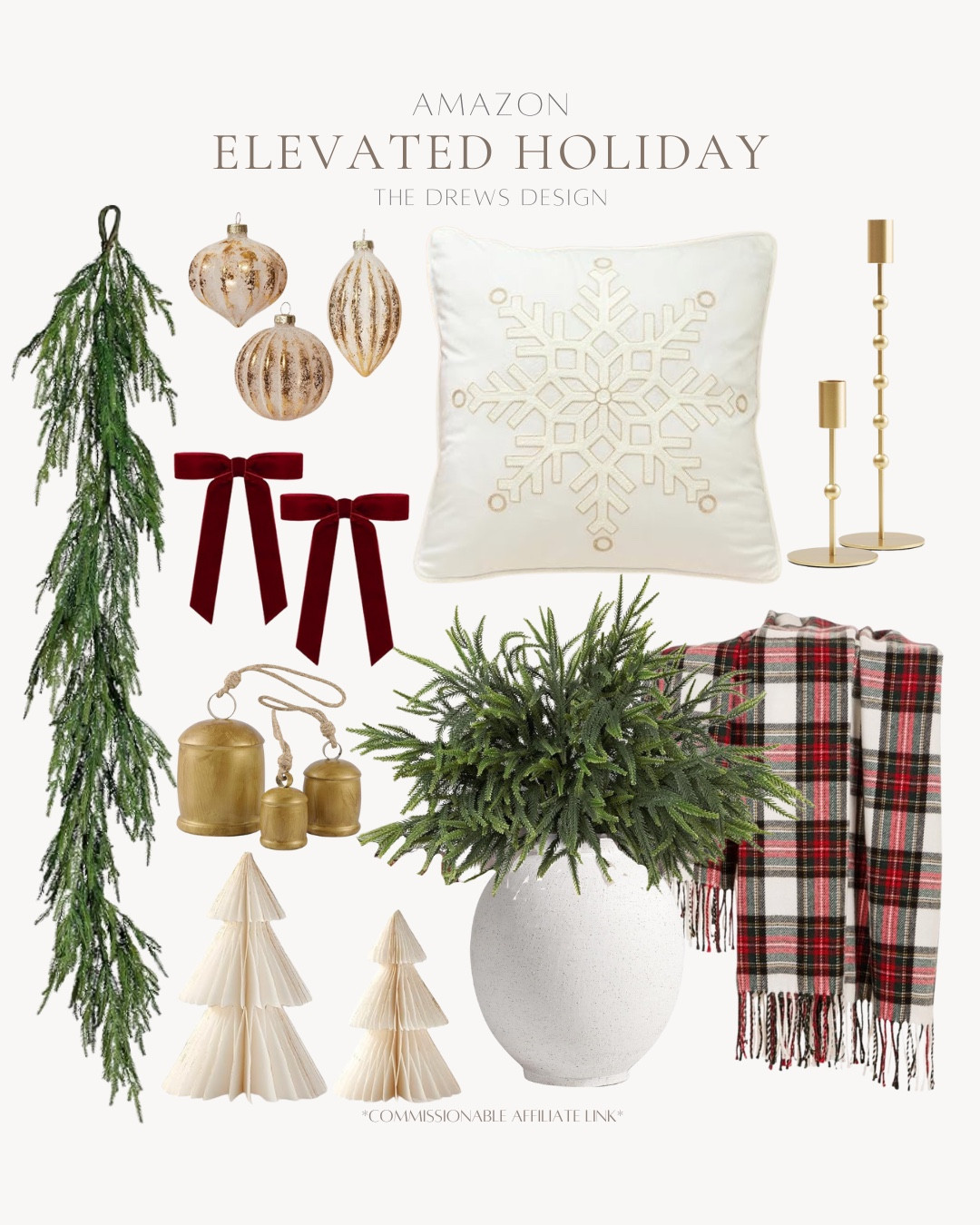 Amazon elevated holiday decor includes snowflake pillow, gold candlestick holders, plaid throw blanket, vase, greenery stems, garland, gold bells, bows, ornaments, and paper Christmas trees.

Holiday decor, neutral holiday decor, Christmas decor, neutral Christmas 

#LTKHoliday #LTKHome #LTKSeasonal