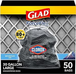 Glad Trash Bags, Large Drawstring Trash Bags ForceFlex with Clorox, 30 Gallon Black Trash Bags, M... | Amazon (US)