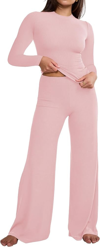 AIBIANOCEL Women 2 Piece Outfits Ribbed Sweatsuit Set Long Sleeve Tops with Wide Leg Pant Lounge Set Tracksuit | Amazon (US)
