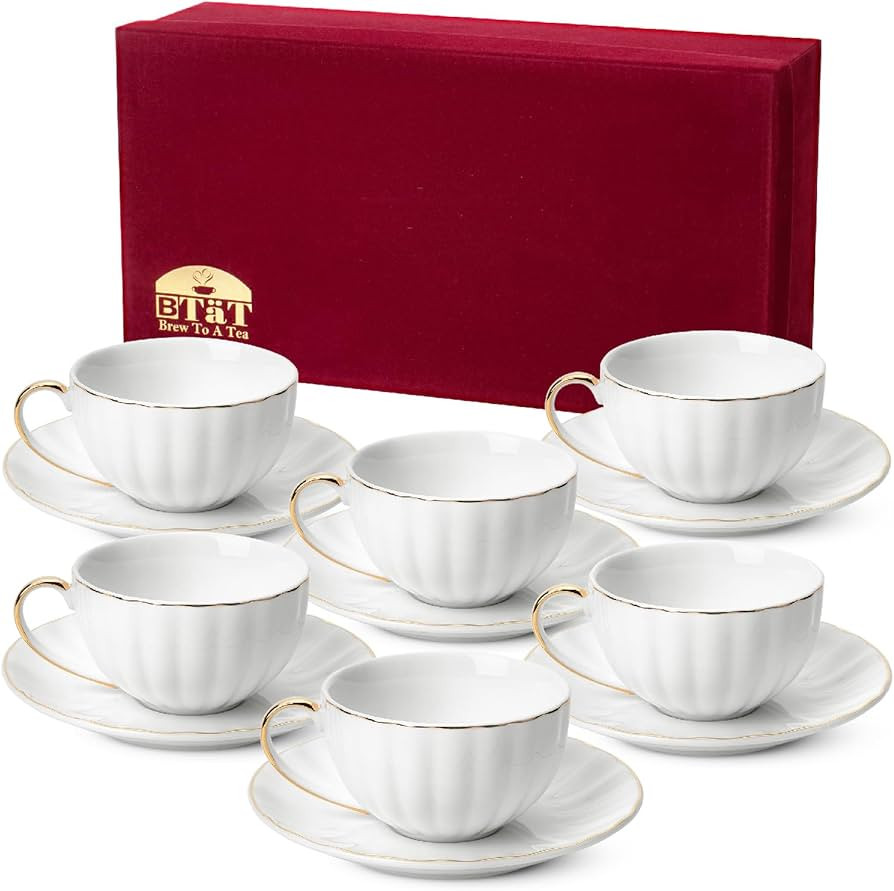 BTaT- White Tea Cups and Saucers with Gift Box, 7oz, Set of 6 Tea Cups Set of 6 with Gold Rim, Ch... | Amazon (US)