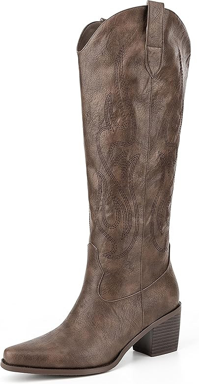 Pasuot White Cowboy Boots for Women - Wide Calf Cowgirl Knee High Boots with Side Zip and Embroid... | Amazon (CA)