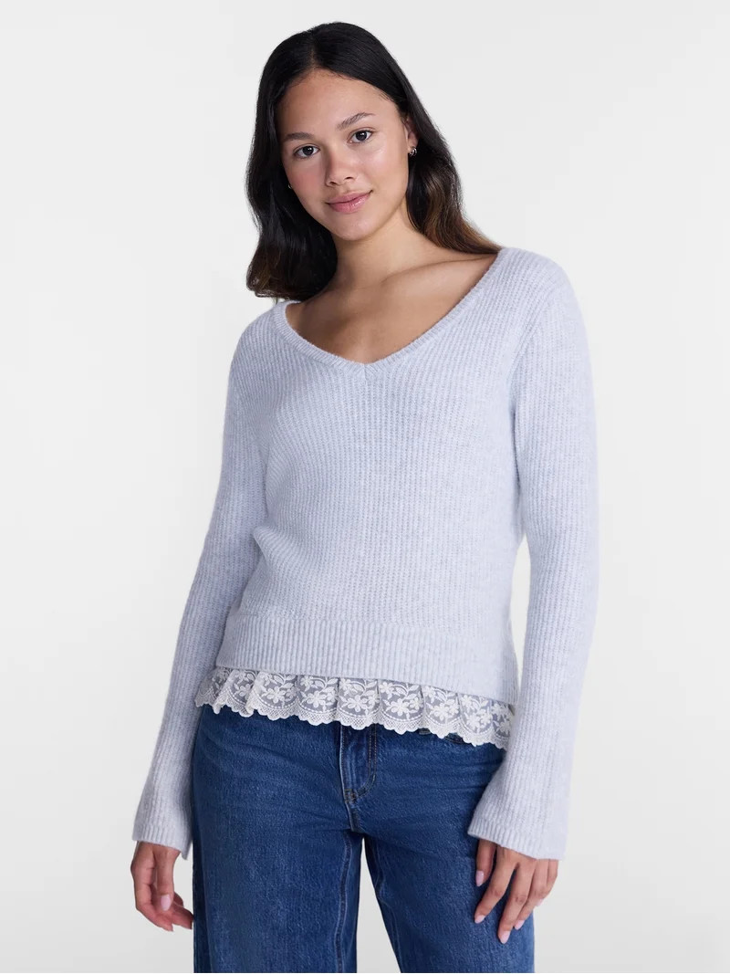 No Boundaries V-Neck Pullover Sweater with Lace Trim, Women's, Sizes XS-XXXL | Walmart (US)