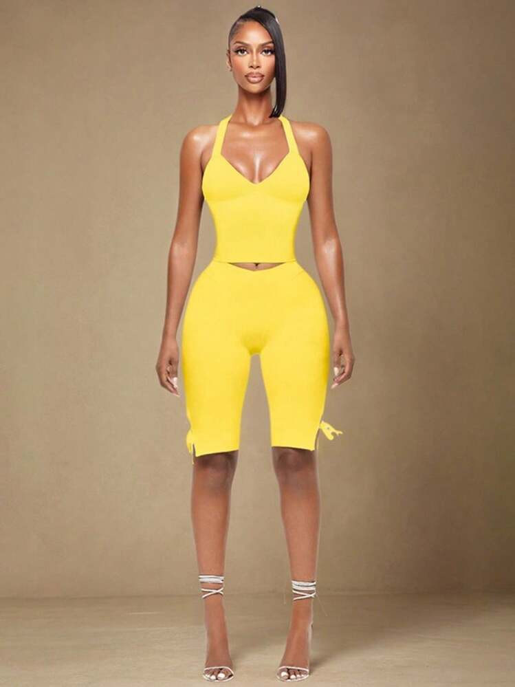 Fashionable Casual Women's Spring And Summer Halter Neck Strapless Backless Bow Knot Solid Color Set With Pants | SHEIN