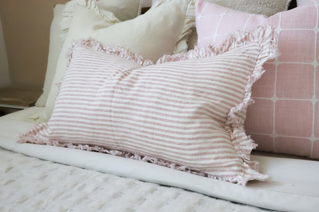 Hallie Pink Stripe Ruffle Cushion 50x30 - Etsy | Etsy (US)