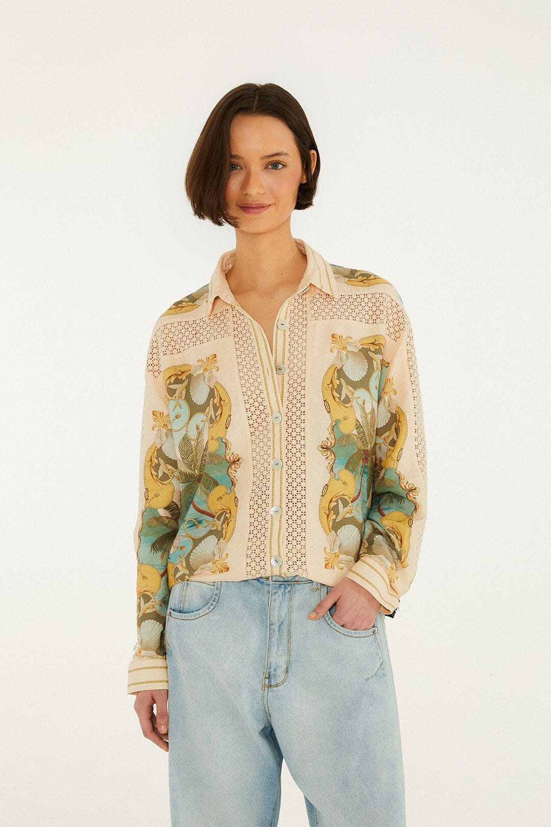 Sand Royal Sea Crochet Lenzing Ecovero Euroflax Shirt | FARM Rio | FarmRio (US)