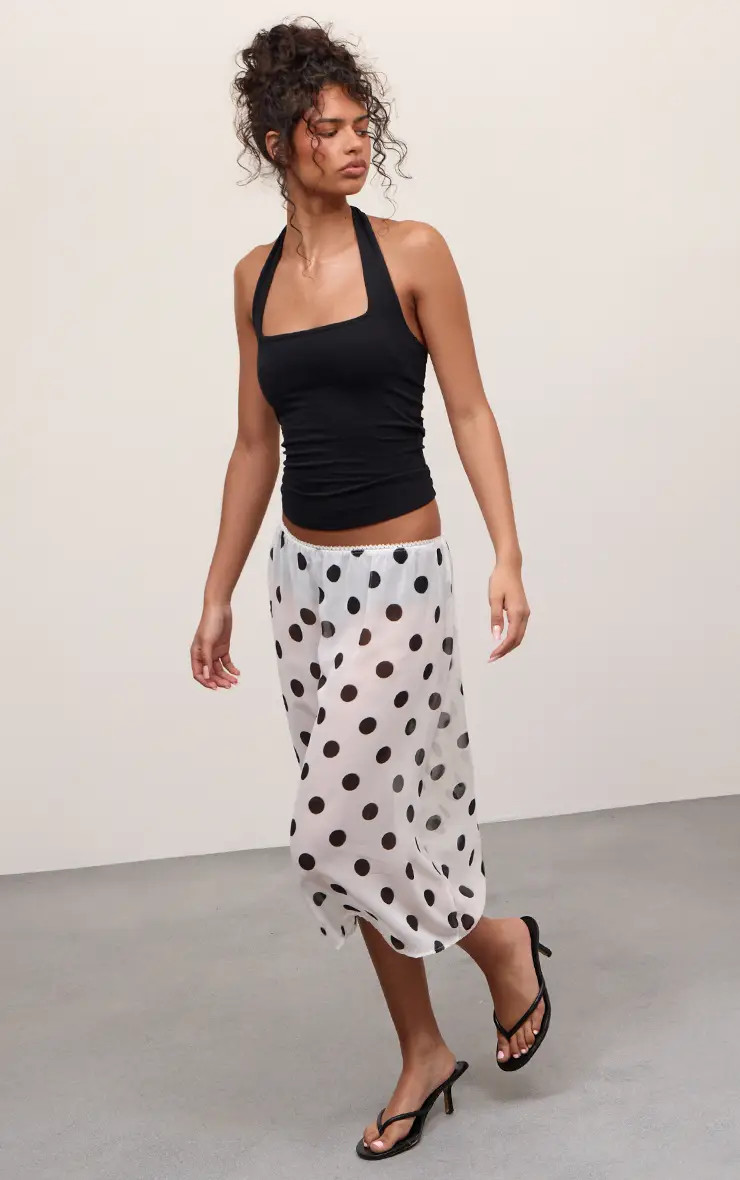 White Polka Dot Printed Chiffon Midi Skirt | PrettyLittleThing | PrettyLittleThing UK