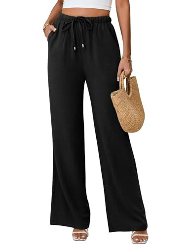 Jyanl Linen Pants for Women Flowy Palazzo Pants Boho High Waist Wide Leg Trousers Summer Beach Vacation Outfits 2025 Black | Amazon (US)