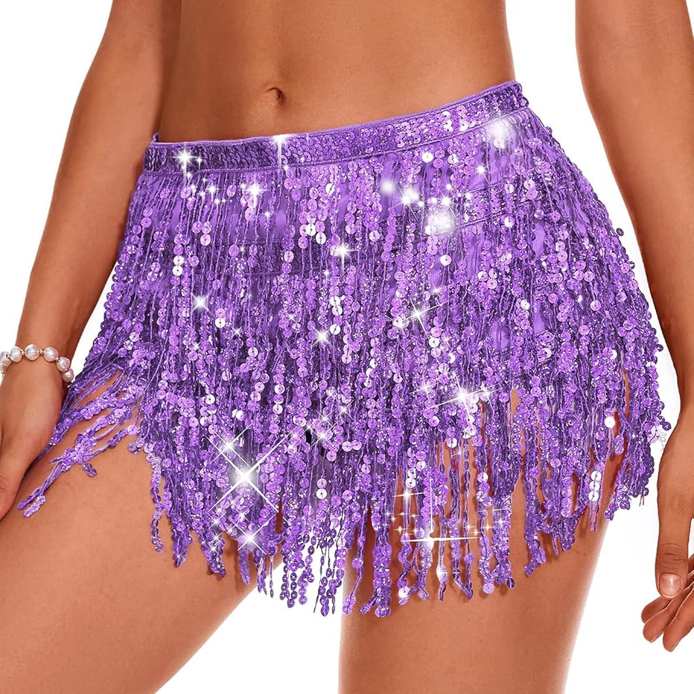 Durio Belly Dance Skirt Tassel Fringe Rave Skirt Party Sequin Tassel Skirt Belly Hip Scarf Festiv... | Amazon (US)