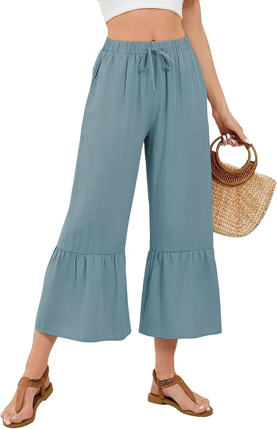 Himosyber Womens Cotton Wide Leg Cropped Pants Casual Drawstring Elastic Waisted Ruffle Hem Palaz... | Amazon (US)