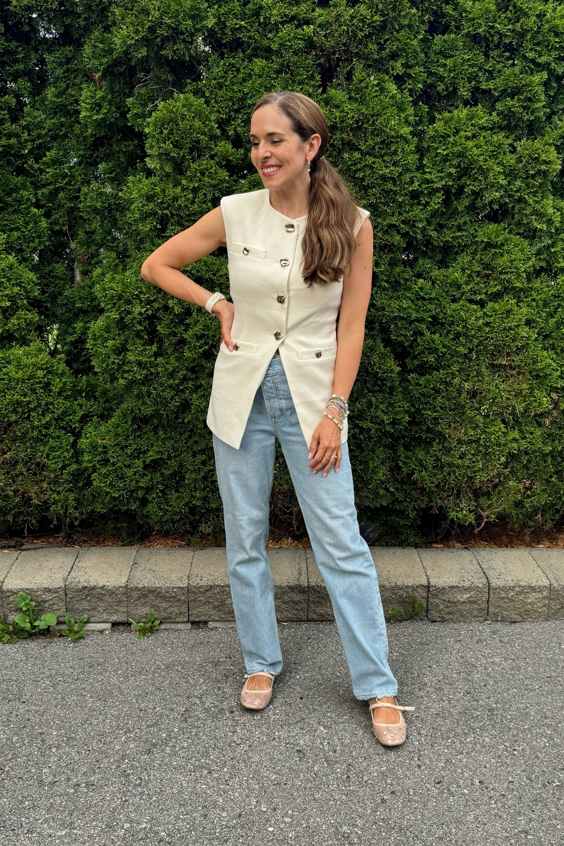 Loving this button down sleeveless blazer top with gold buttons. It’s giving major designer for less. Paired with my fave loose fit mom jean and the it ballet flat of the season, we have a chic classic timeless put together look. The top’s retailer is doing 30% off sitewide too! 

#LTKxVICI #LTKSaleAlert #LTKFindsUnder50