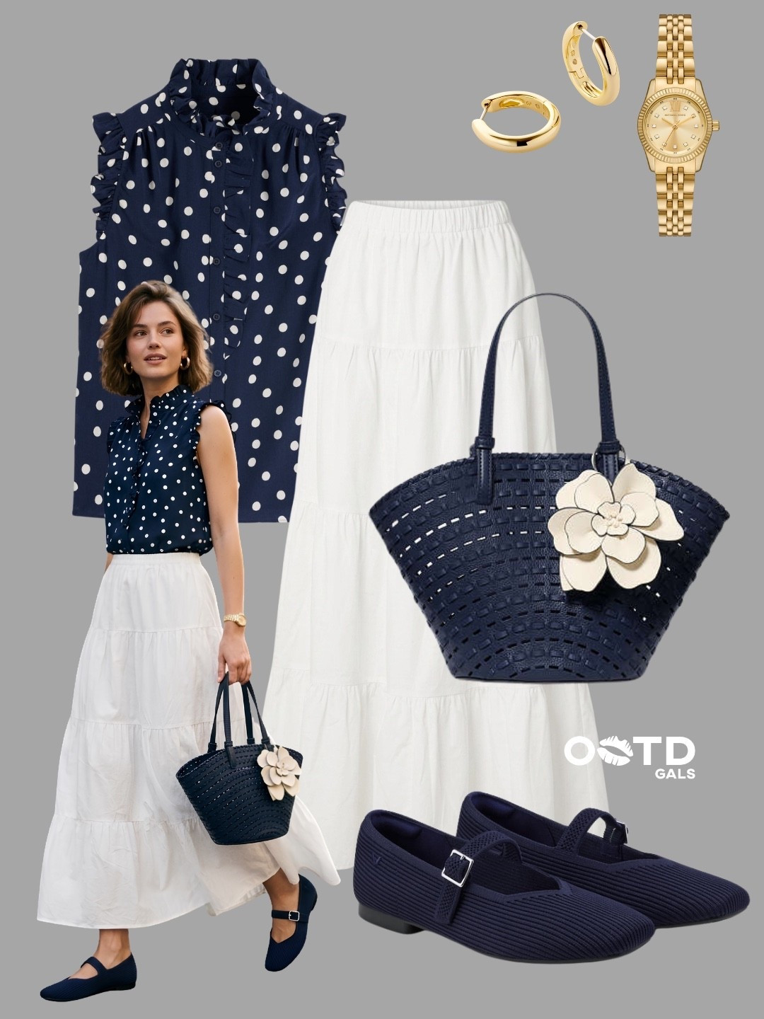 Classic navy and white always feels effortlessly elegant 💙🤍

This outfit gives that polished coastal-inspired look while still feeling relaxed and wearable for everyday summer styling.

✨ Style Details:
• Navy polka dot ruffle blouse adding a feminine vintage touch  
• White tiered maxi skirt keeping the outfit light and airy  
• Navy woven tote with floral detail for a chic statement moment  
• Matching navy Mary Jane flats for comfort and sophistication  
• Gold jewelry bringing warmth and polish to the look  

The navy-and-white combination is timeless, classy, and perfect for sunny days, brunch dates, or vacation evenings ✨

#ClassicStyle #SummerOutfit #EffortlessElegance

#LTKsummer #LTKstyletip #LTKsale