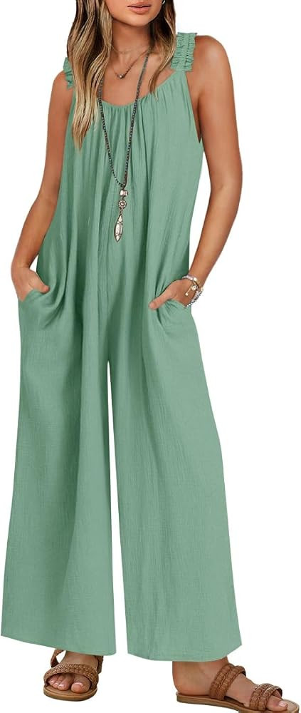ZESICA Women's Sleeveless V Neck Jumpsuits Summer Casual Loose One Piece Overalls Oversized Wide ... | Amazon (US)
