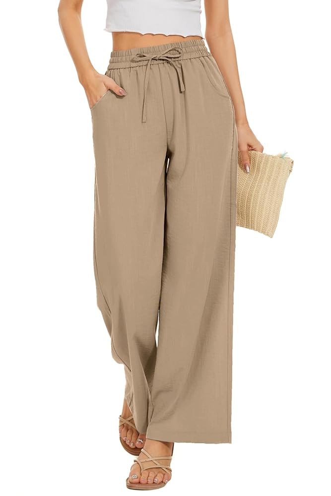 Women Flowy Pants Drawstring Waist Wide Leg Palazzo Beach Pants Loose Fit with Pockets | Amazon (US)