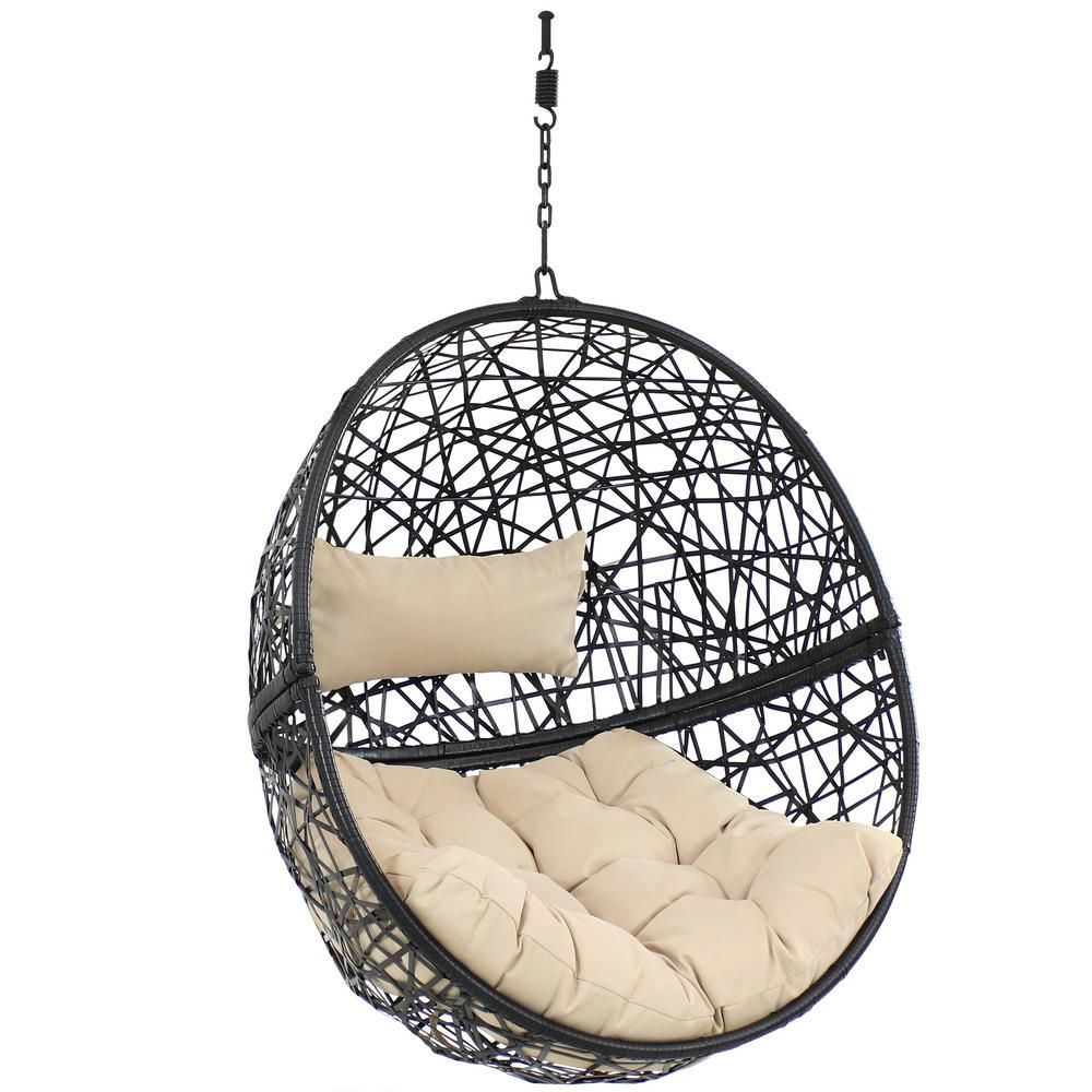 Sunnydaze Decor 2 ft. Jackson Resin Wicker Hanging Egg Chair Hammock - Cream Cushions, Black | The Home Depot