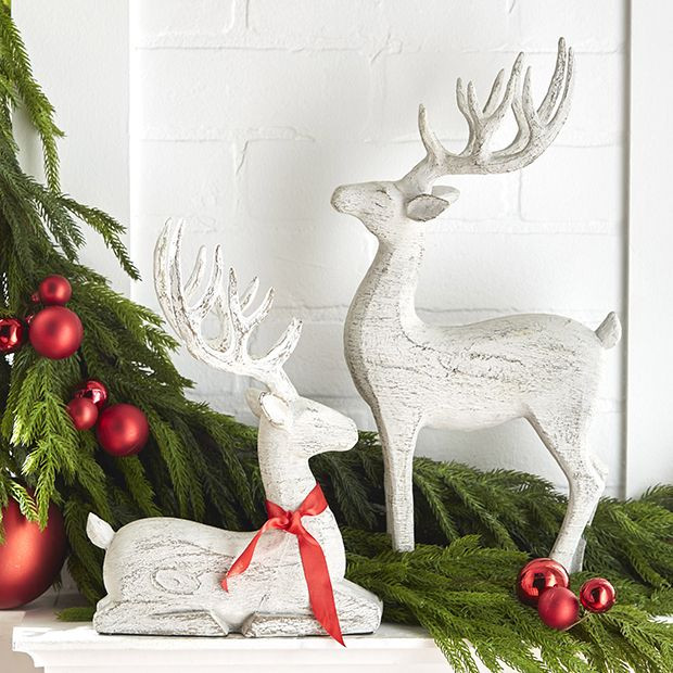 Rustic Whitewash Reindeer Figurines Set of 2 | Antique Farm House