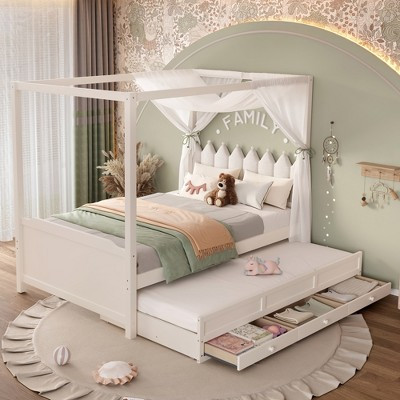 KTMBDW Princess Canopy Bed Frame with Upholstered Headboard, Full Solid Wood Bed Frame with 3 Drawers & Trundle, Canopy Bed for Kids Girls, Beige | Target