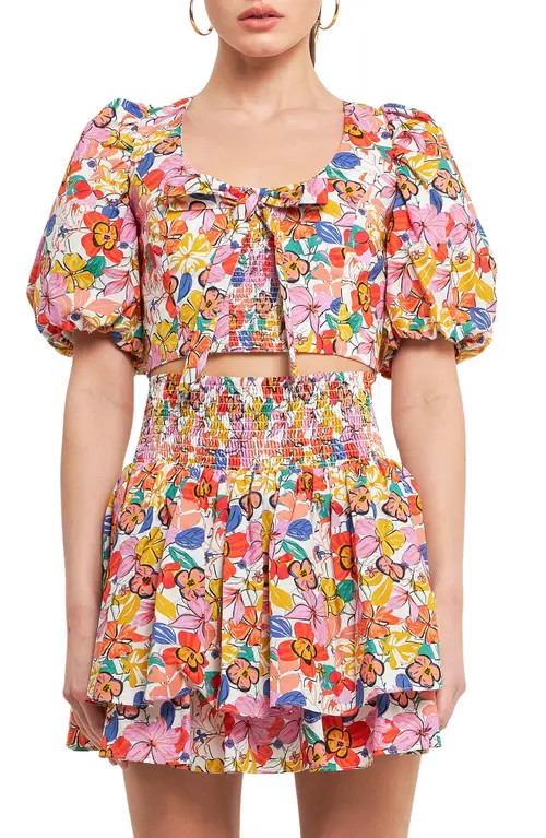 Endless Rose Floral Print Puff Sleeve Crop Top in White Multi at Nordstrom, Size Large | Nordstrom