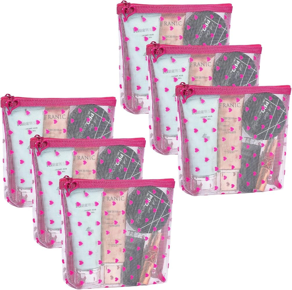 6 Pack Mini Zipper Mesh Makeup Bags, Heart Print Nylon Cosmetic Bags Toiletry Bags for Office Tra... | Amazon (US)