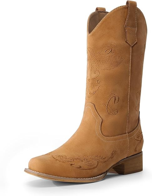 DREAM PAIRS Women's Square Toe Cowboy Cowgirl Boots Pull On Low Chunky Heel Mid Calf Western Boot... | Amazon (US)