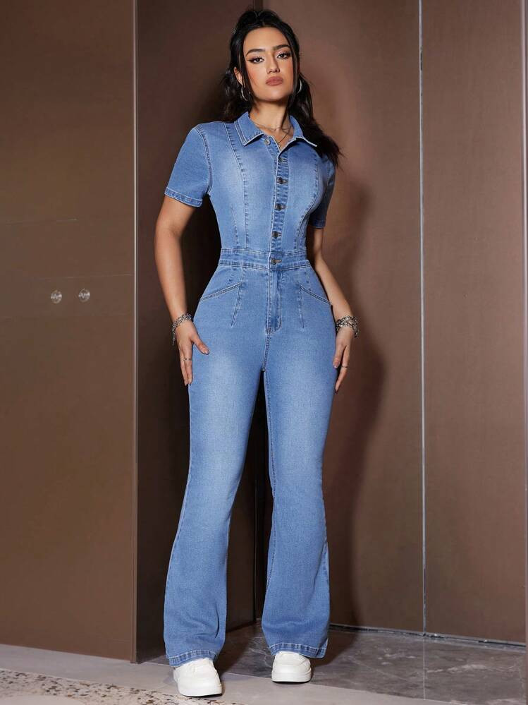 SHEIN EZwear Women's Button Front Denim Jumpsuit | SHEIN