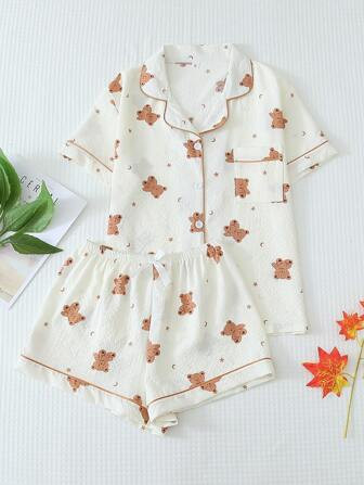 2pcs/Set Women's Pajama Set With Teddy Bear Print, Short Sleeve Button-Up Top And Shorts, Summer Casual Home Wear,Two Pieces Set | SHEIN