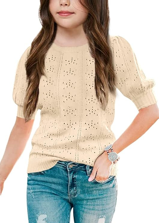 Batermoon Girls' Puff Short Sleeve Sweaters Crewneck Hollow Out Knit Pullover Tops | Amazon (US)