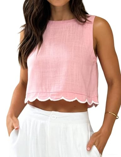 IDEALSANXUN Womens High Neck Linen Tank Tops Spring Summer Scallop Hem Cropped Sleeveless Shirts ... | Amazon (US)