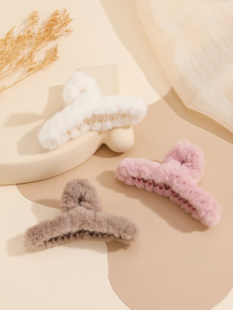 3pcs Solid Fuzzy Hair Claw | SHEIN