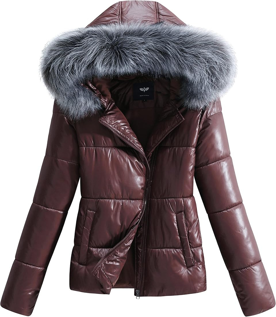 GGleaf Women's Winter Jacket Warm Outerwear with Detachable Fur Collar Metallic Shiny Jacket | Amazon (US)