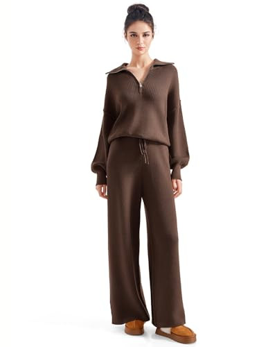 SUUKSESS Women 2 Piece Lounge Sets Quarter Zip Pullover Wide Leg Pants Oversized Matching Sets (Mocha, L) | Amazon (US)
