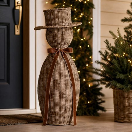 Christmas Snowman Decor, Handwoven Style Rattan Snowman Figurine with Santa Hat and Burlap Scarf, Farmhouse Snowman Decoration for Front Door Porch Mantel Shelf Entryway Winter Home Decor | Walmart (US)
