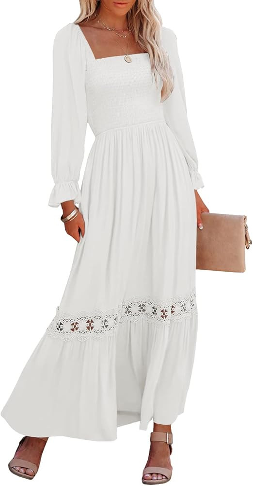 Ferlema Womens Boho Square Neck Ruffle Long Sleeve Lace Trim Casual A Line Flowy Long Maxi Dress ... | Amazon (US)