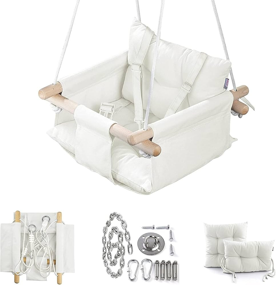 CaTeam - Canvas Baby Swing, Wooden Hanging Swing Seat Chair with Safety Belt, Durable Baby Swing ... | Amazon (US)
