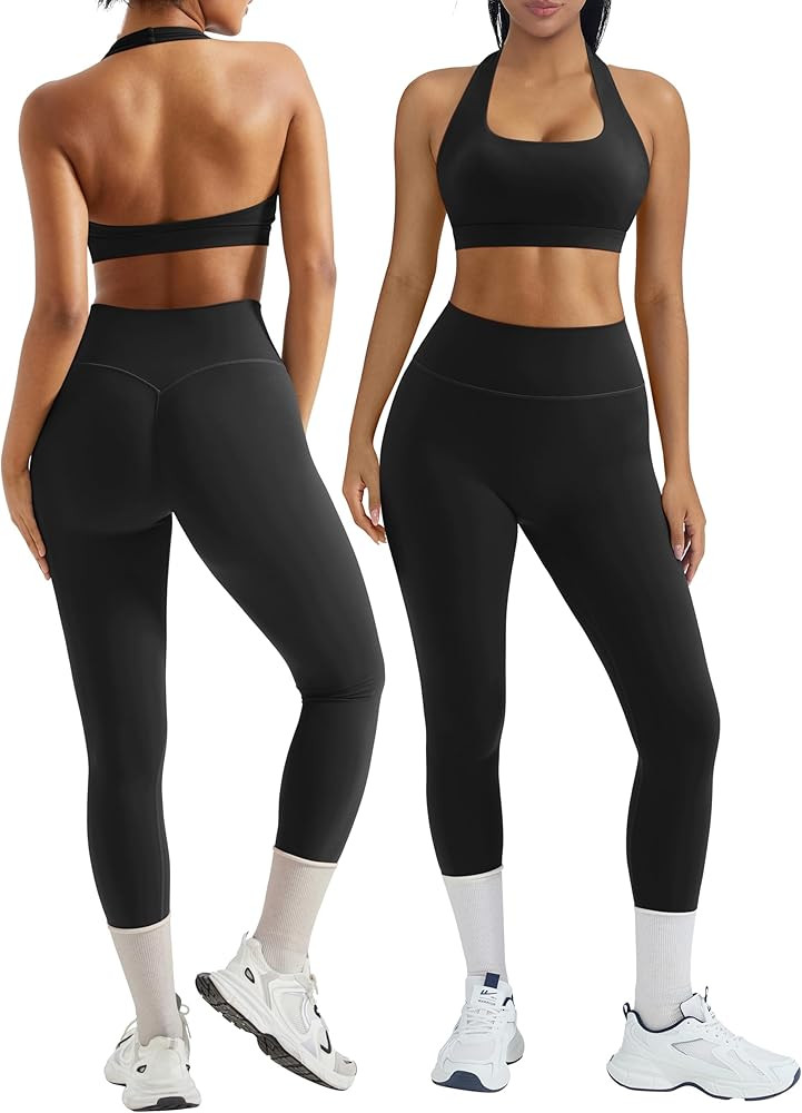 OMKAGI 2 Piece Workout Sets for Women Halter Sports Bras Gym Sets Booty Leggings Outfits | Amazon (US)