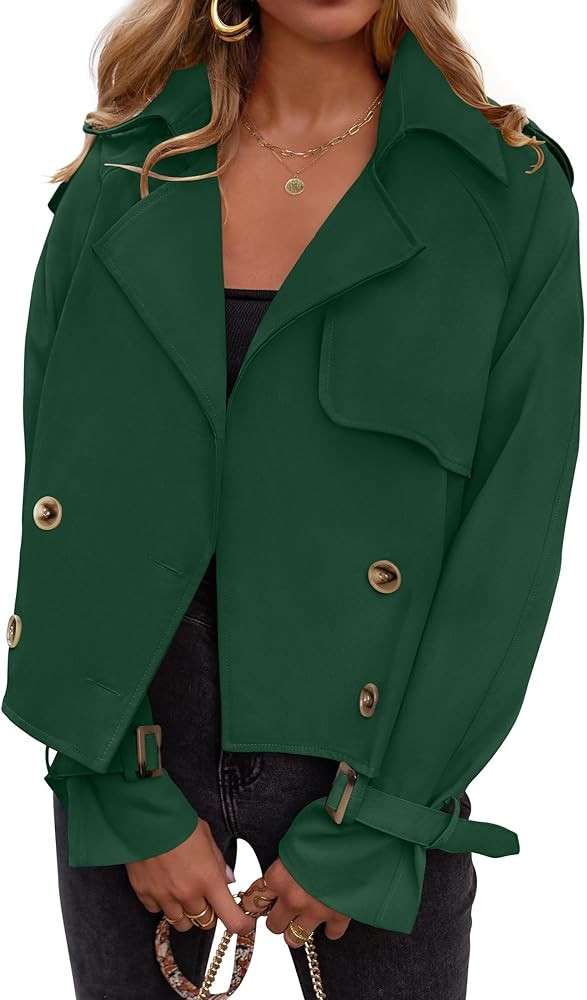 ZESICA Womens Long Sleeve Crop Trench Coat Lapel Double Breasted Loose Casual Jacket with Pockets | Amazon (US)
